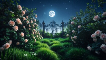 Walking Through the Rose Garden Under the Moonlight to the Gate