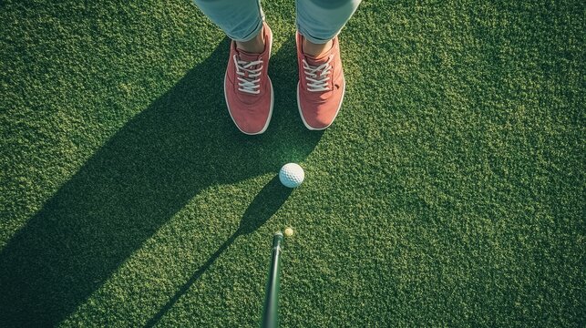 An aerial view of a golfer preparing to putt on a green.
