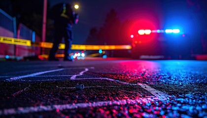 Crime Scene at Night with Chalk Outline and Police Lights – Forensic Investigation in Urban Street