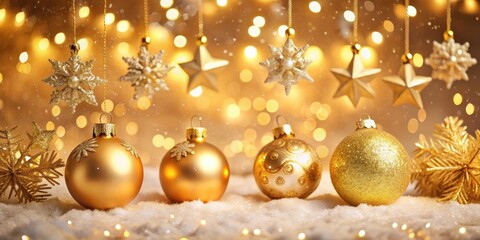 Gold-plated ornaments on a Christmas Eve background with twinkling lights and snowflakes, festive, golden,  festive