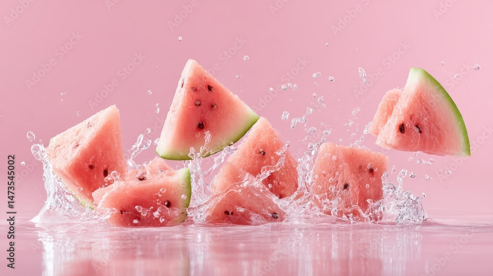 Aufkleber triangular pieces of watermelon crash into water, creating a stunning splash effect against a vivid 