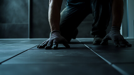Fototapeta premium Person Installing or Cleaning Tile Floor