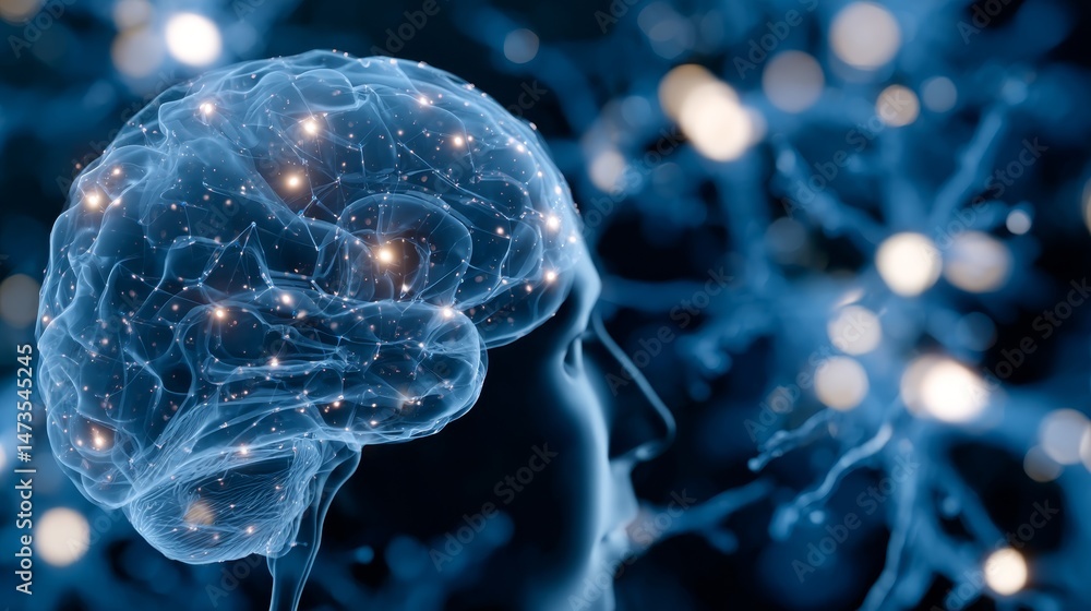 Poster a glowing head outline shows neural connections and brain activity in vibrant light against a deep b