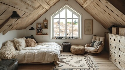 A cozy attic room with a slanted ceiling, a window overlooking the rooftops, and vintage furniture, evoking a sense of nostalgia and charm