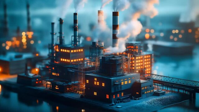 Mini model of factory building with smoke from the pipes of heat station, Smoke stack pipes emitting co2 from coal thermal power plant into atmosphere at night.	