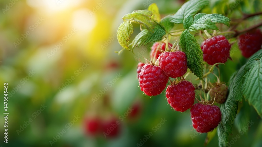 Poster close-up view of ripe red raspberries clustered on a bush, surrounded by lush green leaves and a sof