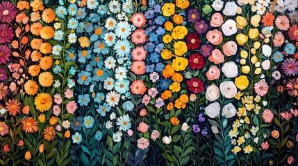 A vibrant array of colorful flowers in a floral tapestry design.