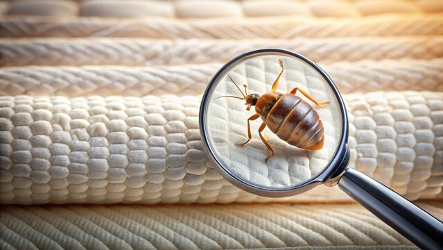 A bedbug hiding in the crease of a mattress with its tiny body and beady eyes visible under a magnifying glass macro