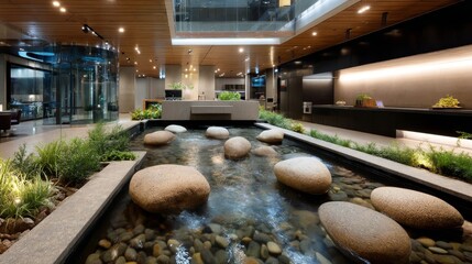 A serene water feature flows over smooth black stones, surrounded by lush plants and soft lighting, creating a peaceful atmosphere in the indoor space