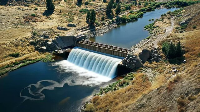 Aerial view showcasing a small dam on the Kern River surrounded by natural landscapes, Aerial shot of a small dam on the Kern River in the Southern Sierra Nevada Mountains in California