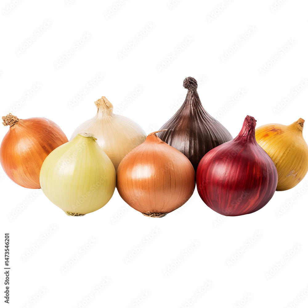 Poster a vibrant collection of various onions, showcasing a spectrum of colors and textures