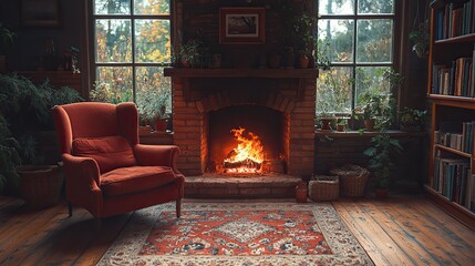 A cozy fireplace crackles with warm flames, casting a soft, inviting glow on the surrounding room A comfortable armchair sits nearby