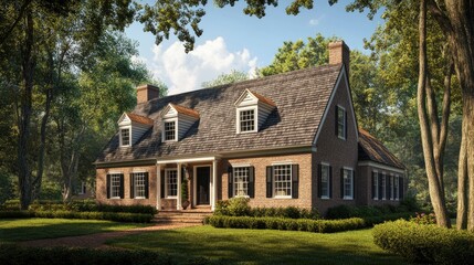 Naklejka premium Brick Colonial House in a Lush Green Setting