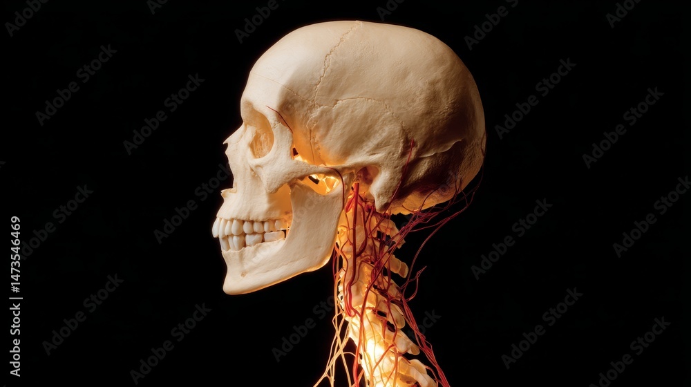 Poster Side profile of a human skull with an illuminated brain and spinal cord, showcasing vascular and neural pathways in a dark clinical environment