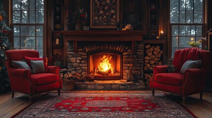 A cozy fireplace crackling merrily, casting a warm glow on the surrounding room, comfortable armchairs inviting relaxation, the scent of burning wood filling the air