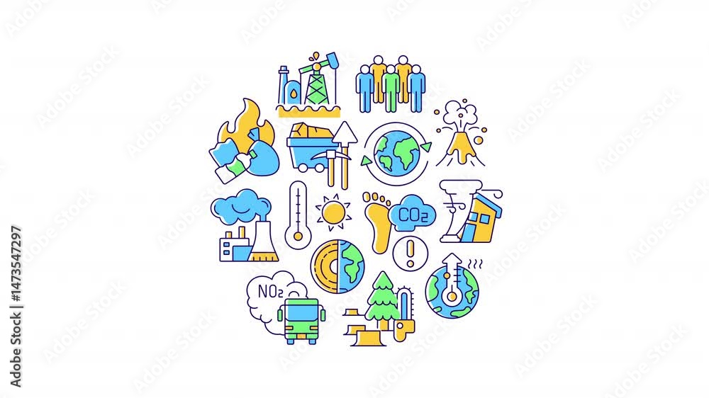 Poster climate change icons concept circle animation. reducing dangerous pollution. environment conservatio