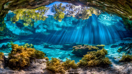 Sunlight streams through crystal underwater grotto scene cavern