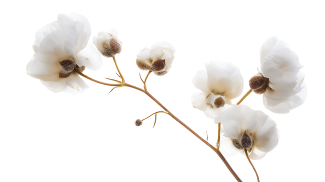 High-quality cotton flower branch with soft white blooms on transparent background.