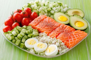 Colorful platter of fresh seafood salad with vegetables