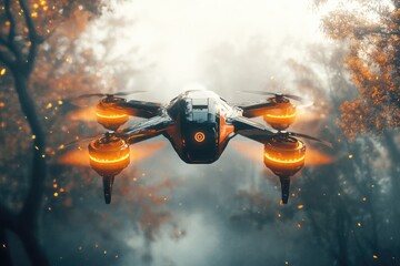 A futuristic drone with glowing orange lights hovers amidst a misty, autumnal forest landscape, creating a captivating technological contrast.
