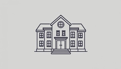 An outline style icon of a school building, featuring a triangular roof, rectangular windows, and a prominent entrance with steps, all depicted in a simple and elegant design