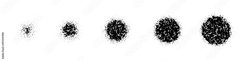 Poster spray circle frames with noise grain effect. black stipple dot circles with gradient density. halfto