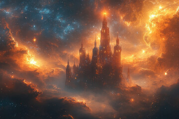 A Majestic Celestial Palace with Burgundy and Black Night Details