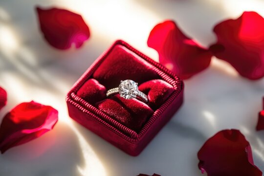 A sparkling diamond ring sits nestled in a red velvet box, surrounded by delicate red rose petals.