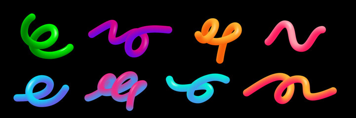 Color gradient lines set. Colorful graphic wavy shapes. Vibrant curved paint lines with smooth transitions. Modern artistic design elements isolated on black. Abstract 3D vector illustration.
