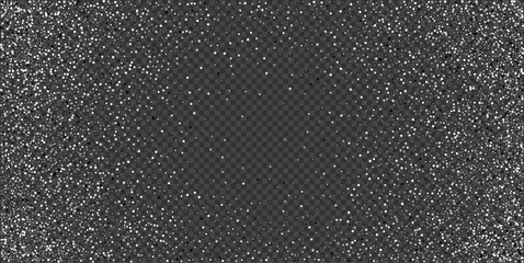 Silver glitter confetti background. Silver glittering dust on transparent background with copy space. Festive holiday shiny luxury backdrop. Abstract vector illustration.