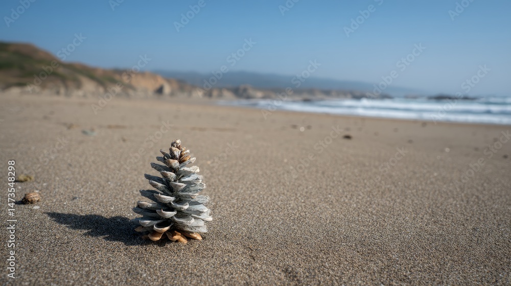 Poster a small tree made of seashells stands on the sand, with gentle ocean waves softly blurred in the bac