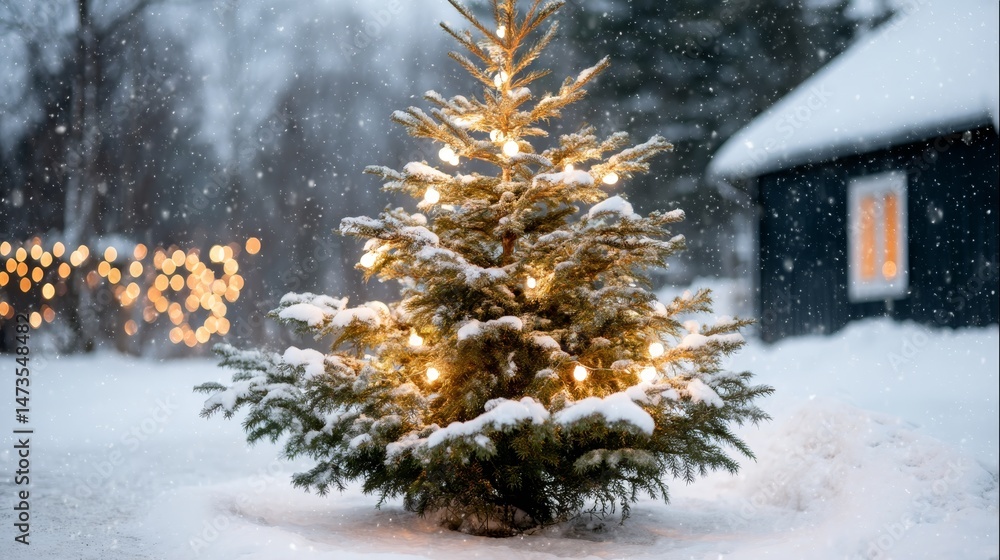 Poster A stunning outdoor Christmas tree shines brightly with glowing string lights, surrounded by gentle snowfall and soft holiday bokeh in a cozy evening atmosphere