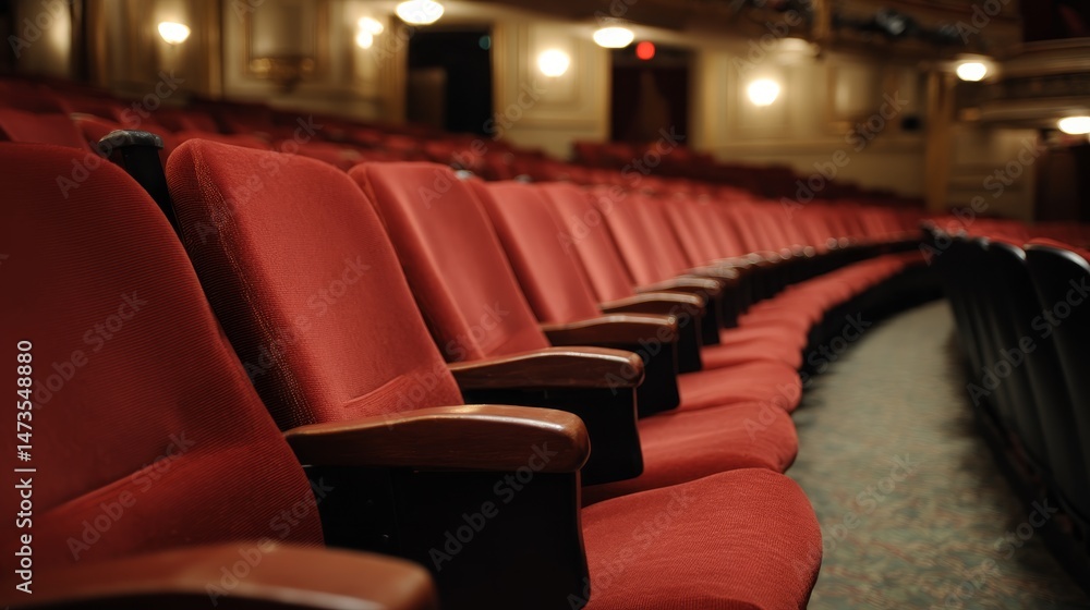 Poster Empty rows of red velvet seats curve gracefully in the theater, bathed in soft ambient light that highlights the elegant upholstery and inviting atmosphere