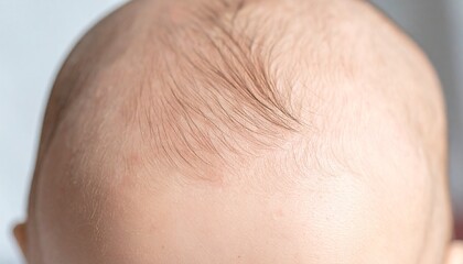 Infant's head close-up, showing soft hair strands and smooth skin against a blurred backdrop