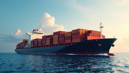 Fototapeta premium Massive cargo ship at sea, containers stacked high under a vast sky , sea transport, sky, waves