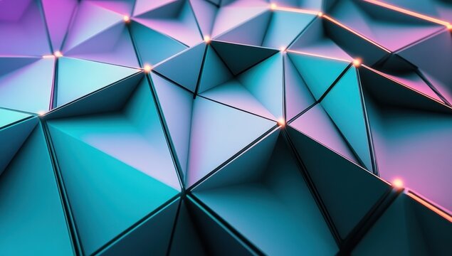 Abstract geometric pattern with vibrant gradients.  Intricate, triangular shapes create a dynamic, 3D effect.  Bright highlights add depth and visual interest