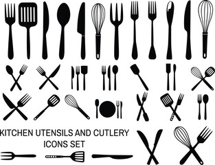 Kitchen utensils and cutlery icons set. Kitchen Utensils silverware forks knifes and spoons vector icon set.