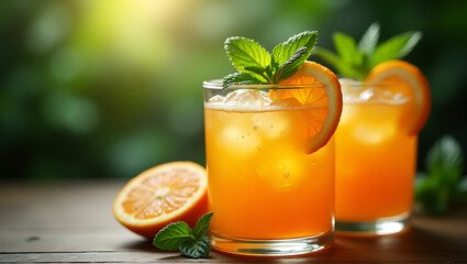 Fototapeta premium Refreshing orange cocktail with mint and ice garnished with orange slice on wooden table