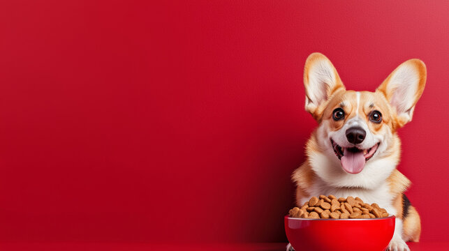 Happy corgi dog enjoy bowl of dog food. healthy meal pet food simple red background with copy space for commercial