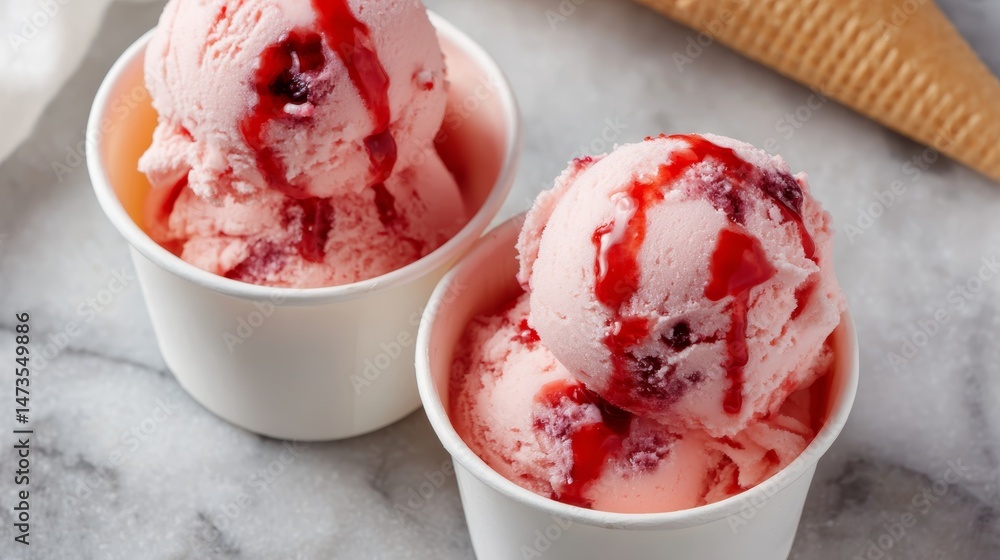 Poster two scoops of pink frozen dessert topped with red syrup sit invitingly in white paper cups, creating