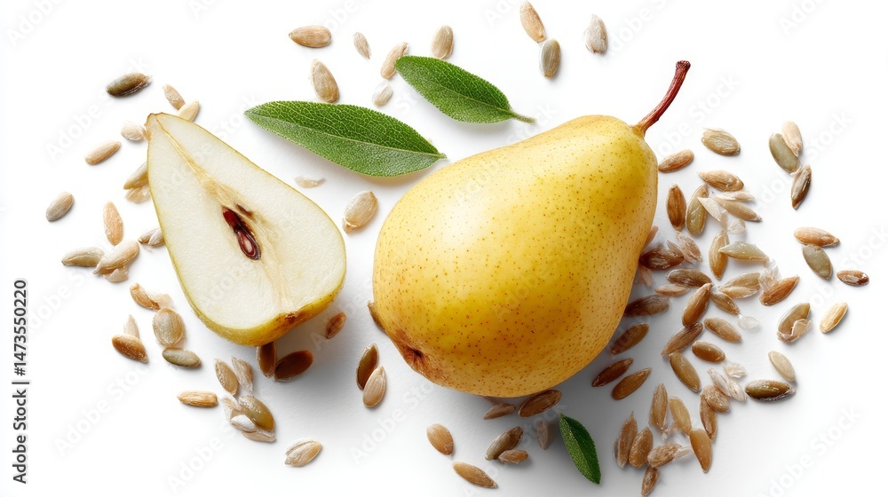 Poster Whole pear and a sliced section are arranged with leaf and seed details on a clean white background, emphasizing vibrant colors and textures