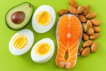 Healthy food selection of avocado, eggs, salmon, and almonds