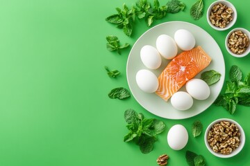 Fresh protein-rich foods arranged on a vibrant green surface.  Healthy eating concept