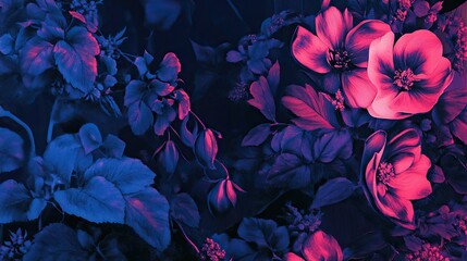 A cyberpunk-inspired floral design with electric blue and pink hues.