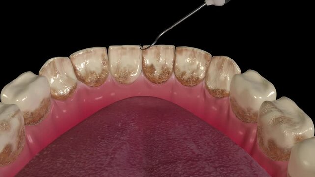 Teeth tartar removal animation, dental surgery, polishing teeth smooth and white, periodontitis treatment process, 3D animation.