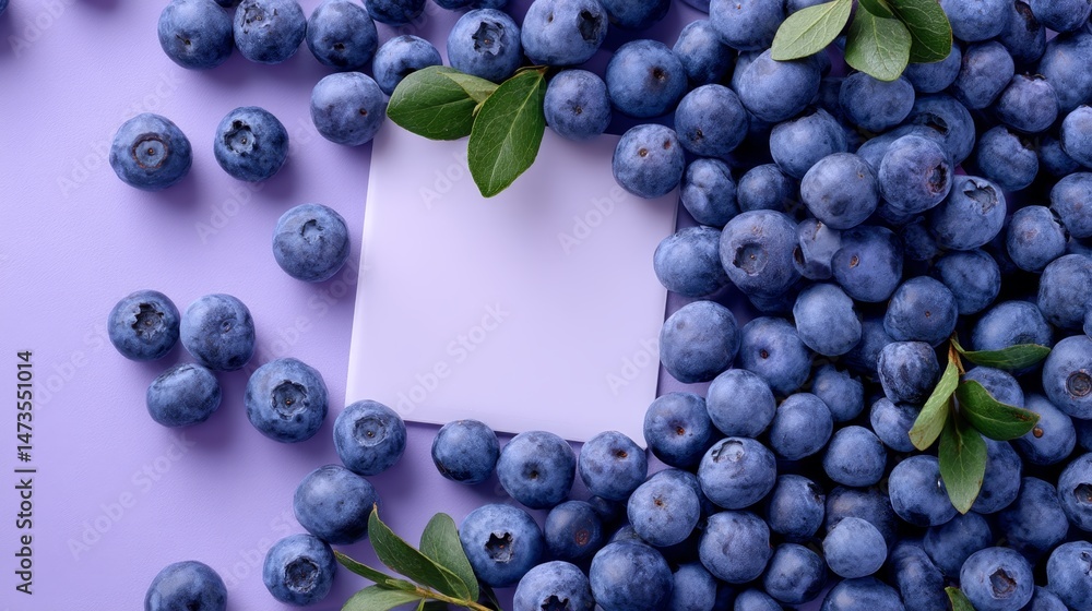 Poster Fresh blueberries are meticulously arranged in a delicate border around a clean white square frame against a soft lavender background, perfect for food styling