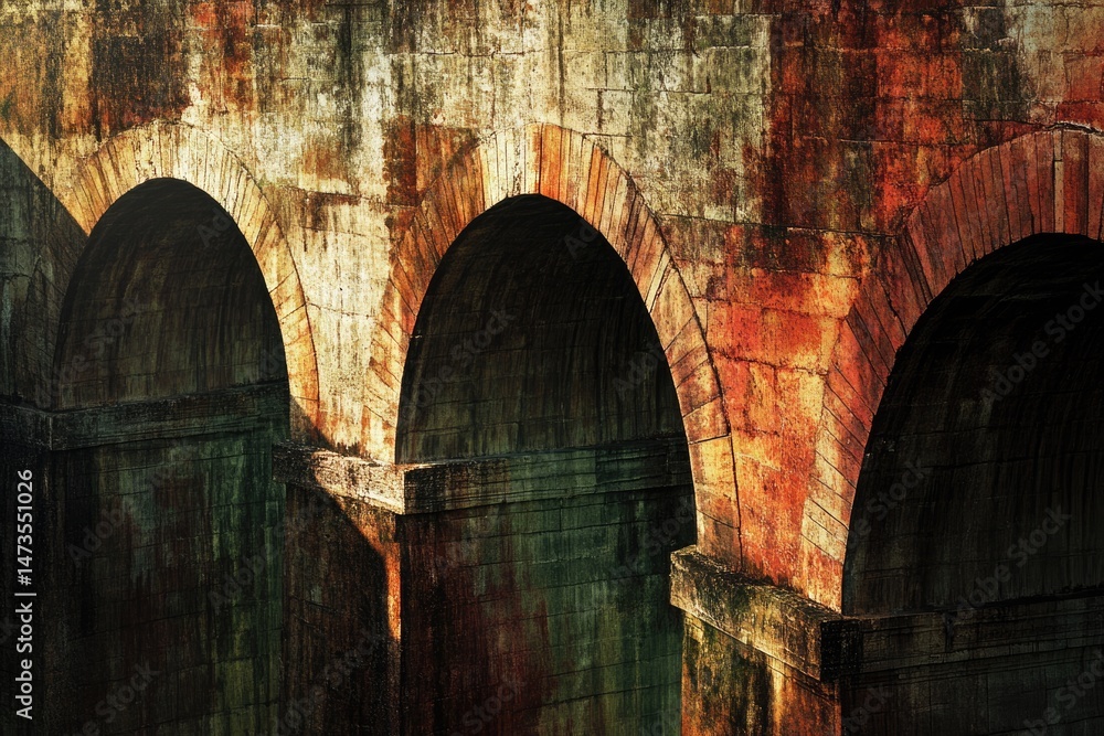 Poster close-up of an old, weathered stone bridge with arched openings showing texture and aged tones.