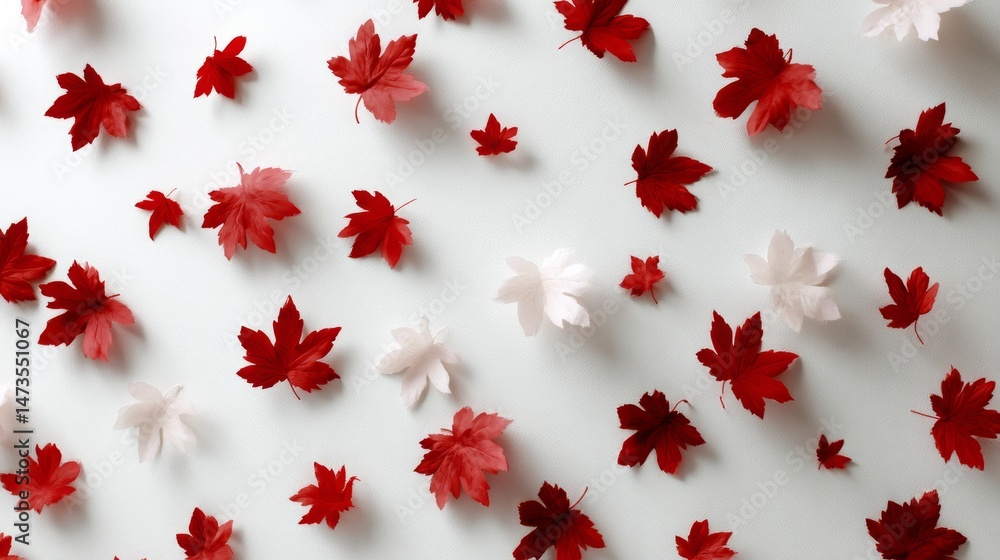 Poster Crimson and white maple leaves are artfully arranged across a soft light background, creating a stunning display that captures the essence of autumn