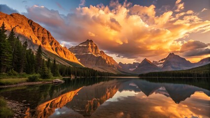 Naklejka premium Majestic Sunset over Mountain Lake Reflecting Golden Clouds and Peaks