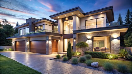 Obraz premium Modern luxurious house exterior at night, elegant lighting